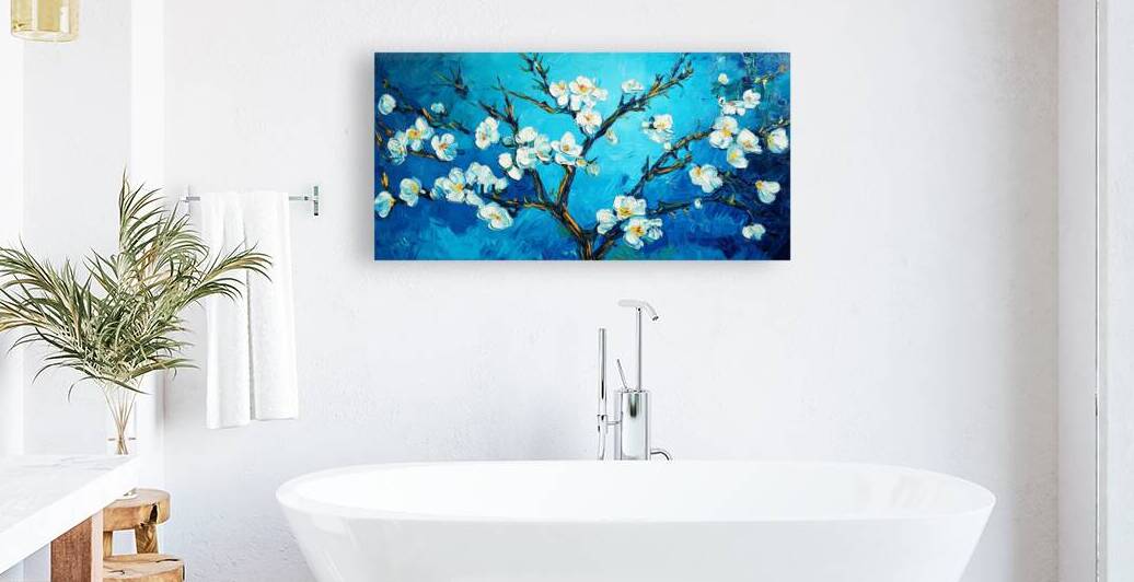 Blossoming Almond Tree. Beautiful oil painting on canvas. Based on the great painting . Brush strokes and canvas textures . by Vaivirga