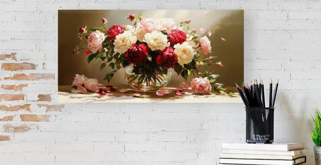 Big bouquet of fresh flowers pink red  white peonies rose in vase by Vaivirga