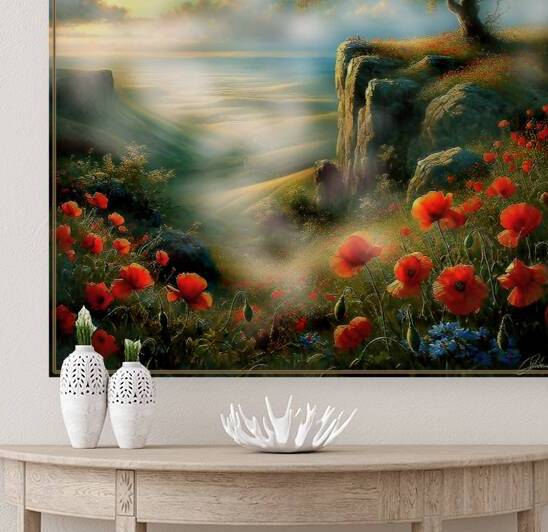 Red poppies on a cliff. Summer. Landscape. by Andrei Maevsky