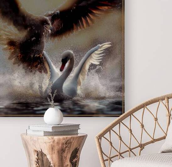 An eagle attacks a swan. Good and evil meet in battle. Both are beautiful. by Andrei Maevsky