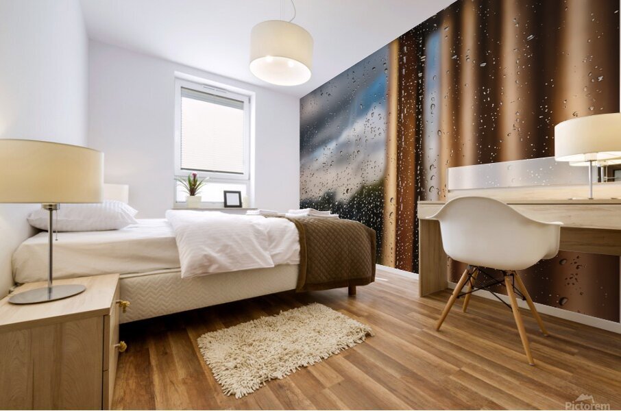 raindrops gently cascading down a windowpane Mural print