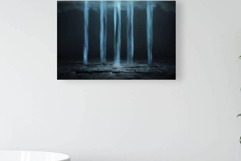 vertical ethereal blue beams of light by Raluca Ciobanu