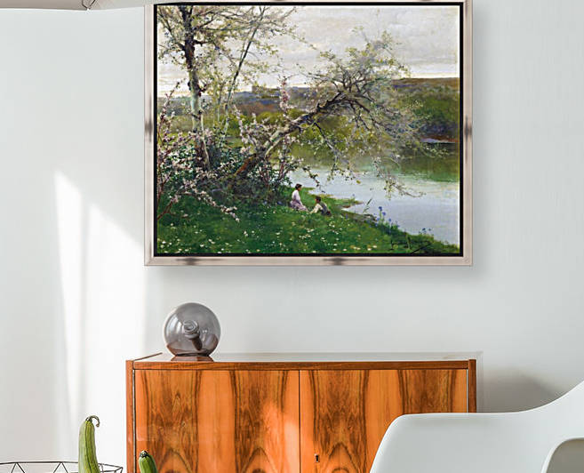 Romantic couple near a river by Manuel Garcia y Rodriguez