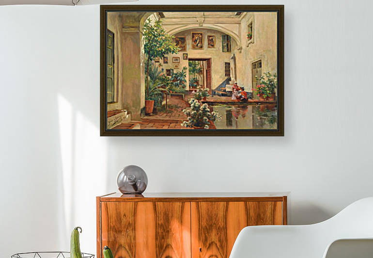 Two ladies talking in a garden with fountain and paintings by Manuel Garcia y Rodriguez