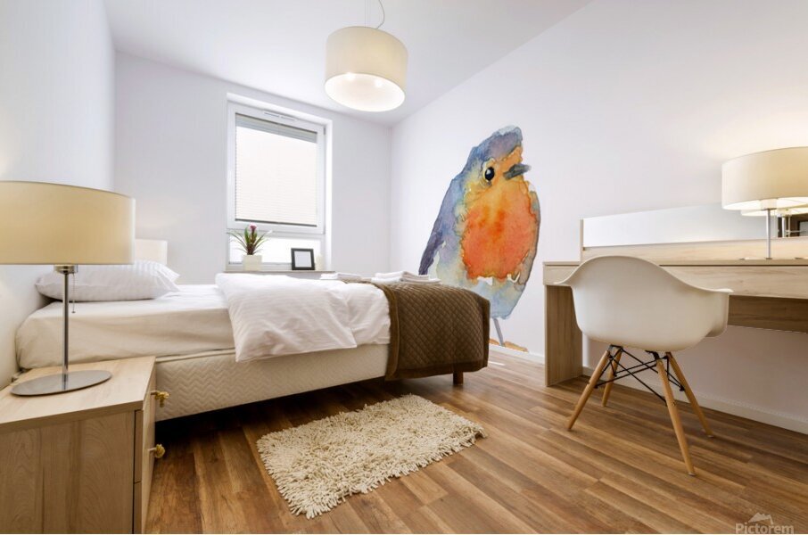 Robin on a perch watercolor painting Mural print