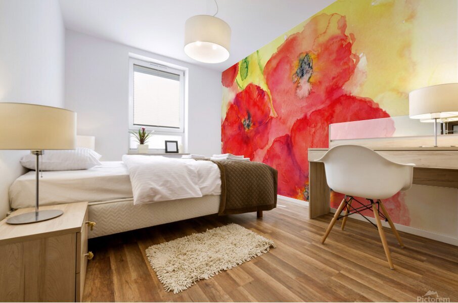 Red poppies watercolor painting Mural print