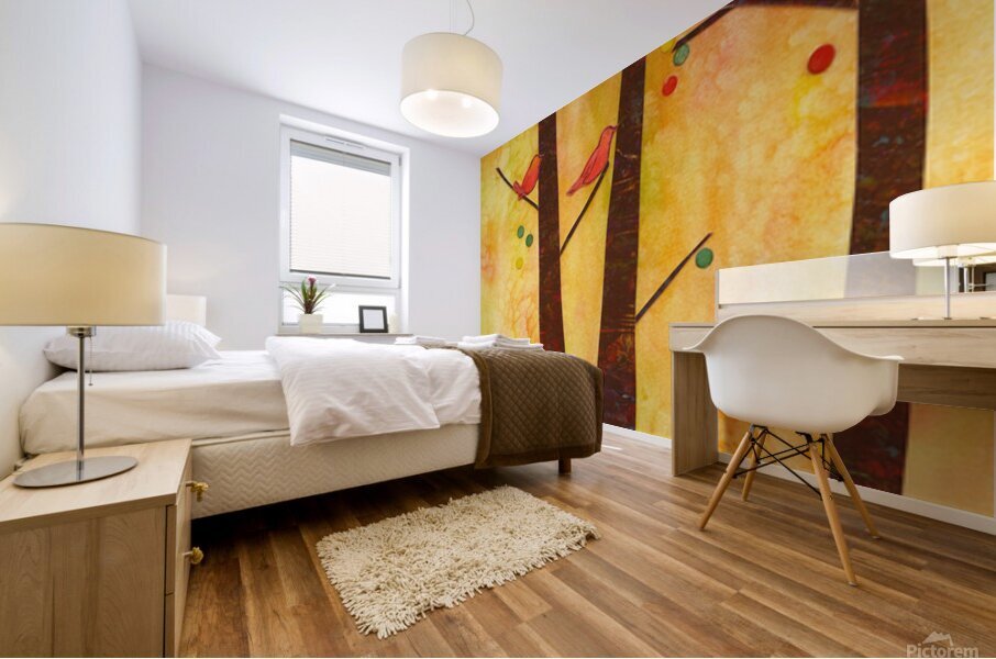 Birds in an autumn forest paper collage Impression murale