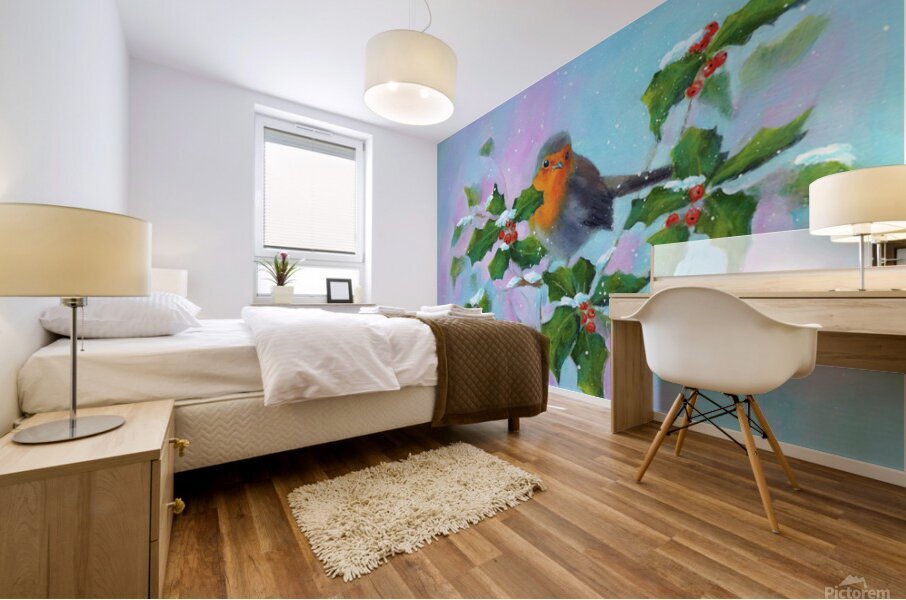 Robin with holly and winterberries acrylic painting Mural print