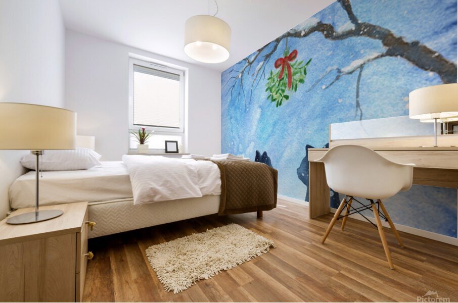 Two cats meet under the mistletoe Mural print