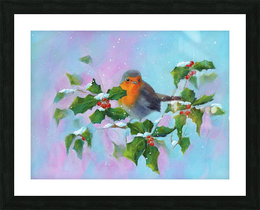Robin with holly and winterberries acrylic painting Picture Frame print