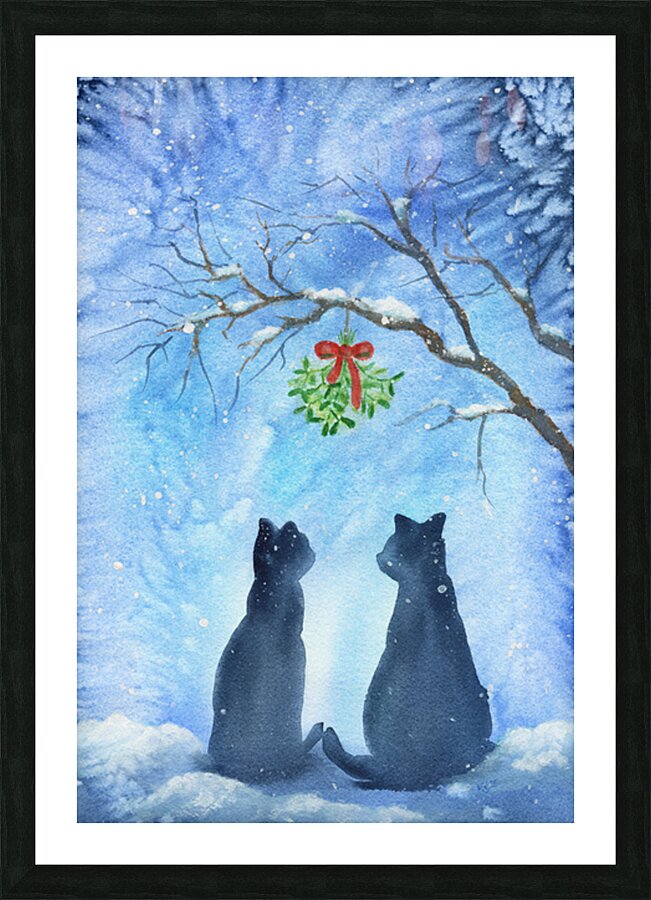 Two cats meet under the mistletoe Picture Frame print