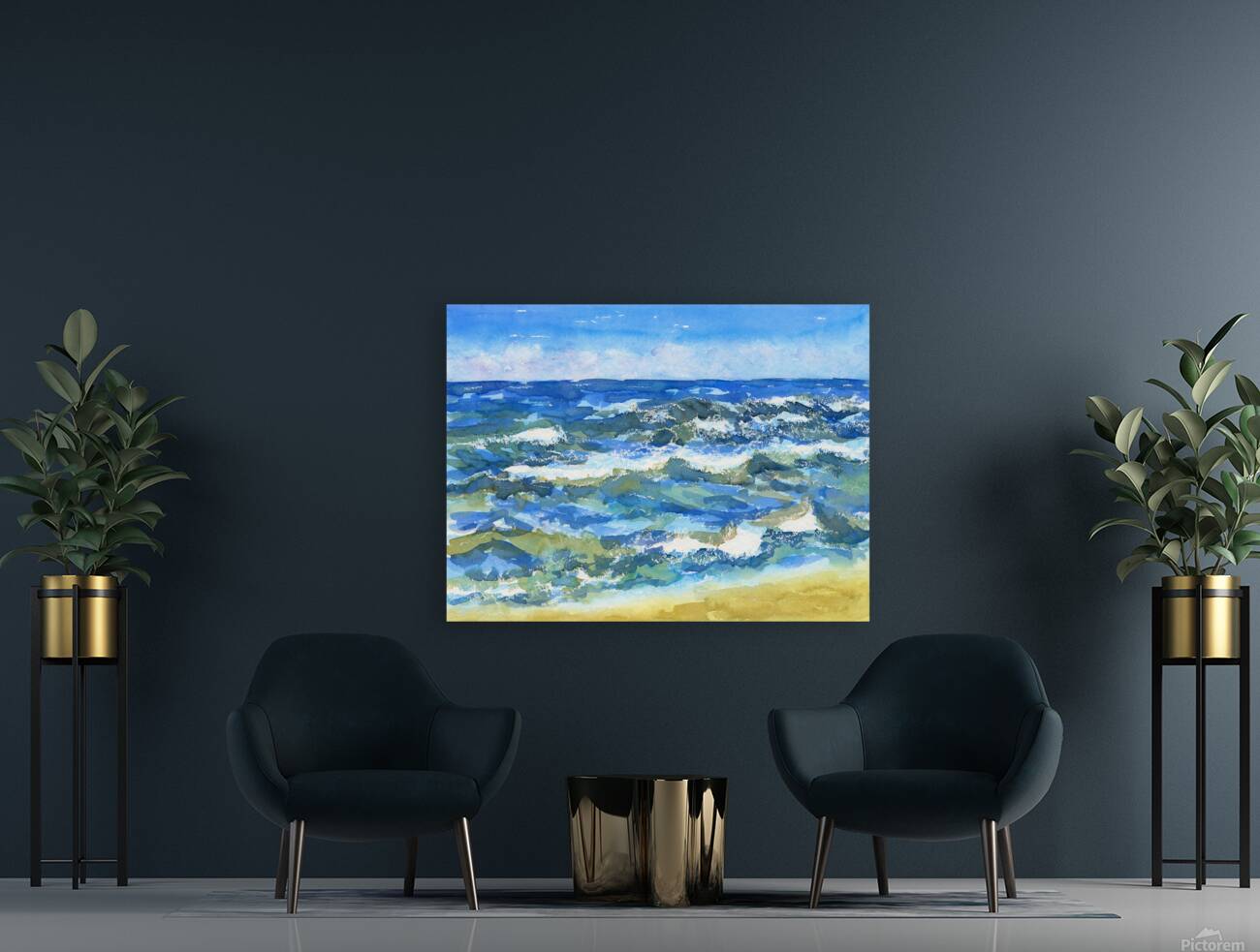Blue ocean waves watercolor painting Reproduction