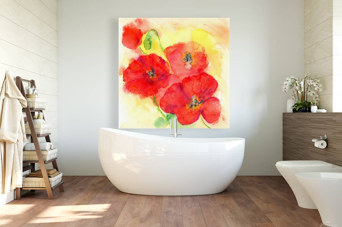 Red poppies watercolor painting Reproduction