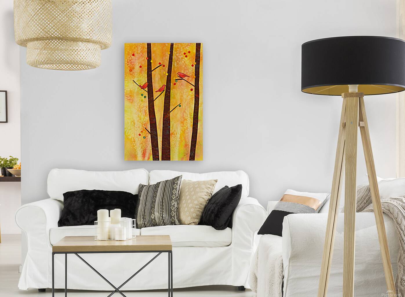 Birds in an autumn forest paper collage Reproduction