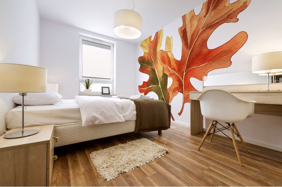 Autumn Oak Leaves on White Mural print