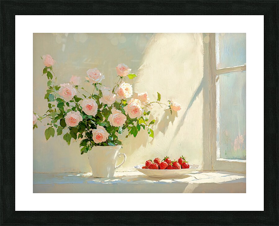 Still Life Pink Roses and Strawberries by a Window Picture Frame print