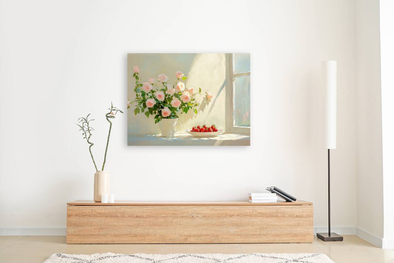 Still Life Pink Roses and Strawberries by a Window Reproduction