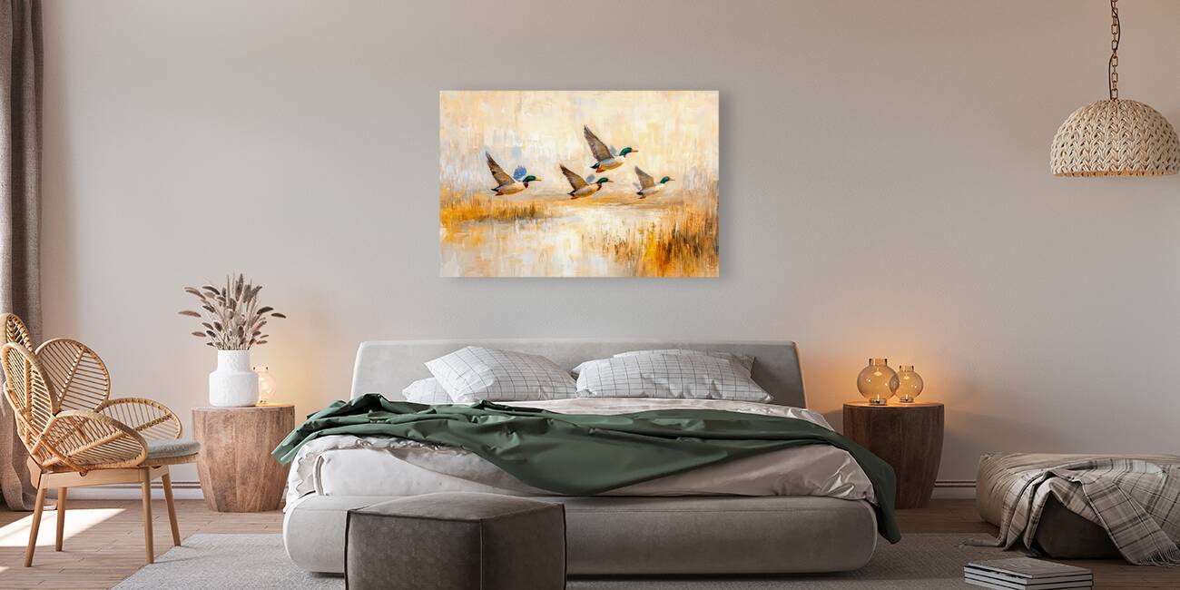 Ducks in Flight Over a Lake Reproduction