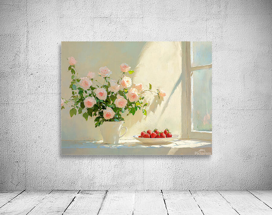 Still Life Pink Roses and Strawberries by a Window Wall Preview