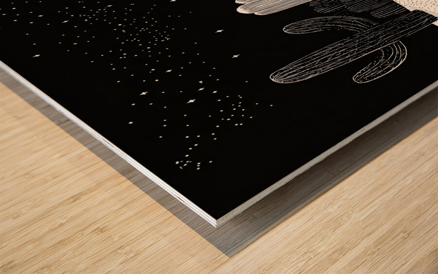 Cactus Garden Sketch Night Wood print