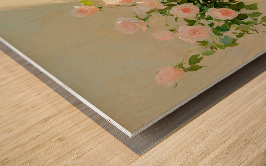 Still Life Pink Roses and Strawberries by a Window Wood print