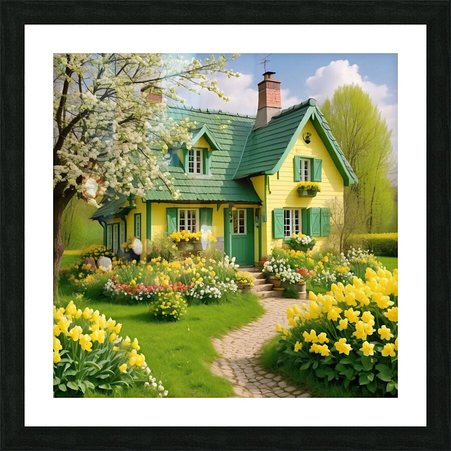 romantic april cottage with flowers in green and Picture Frame print