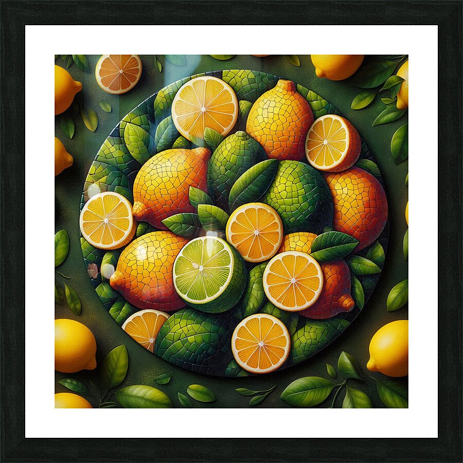 A vibrant mosaic of fresh lemons and leaves Picture Frame print