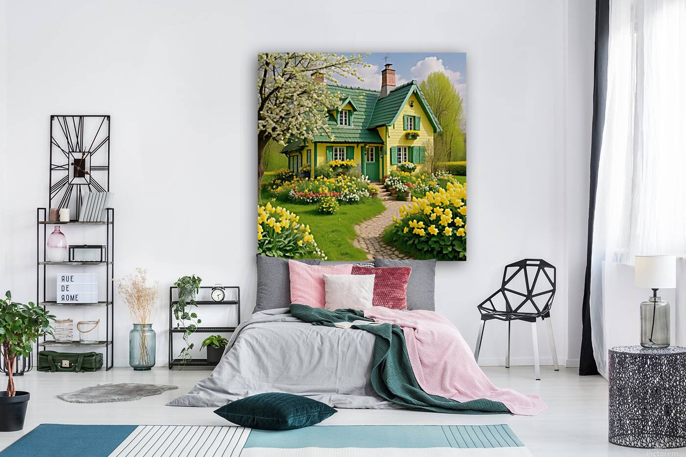 romantic april cottage with flowers in green and Reproduction