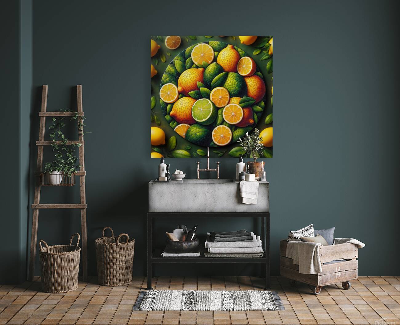 A vibrant mosaic of fresh lemons and leaves Reproduction