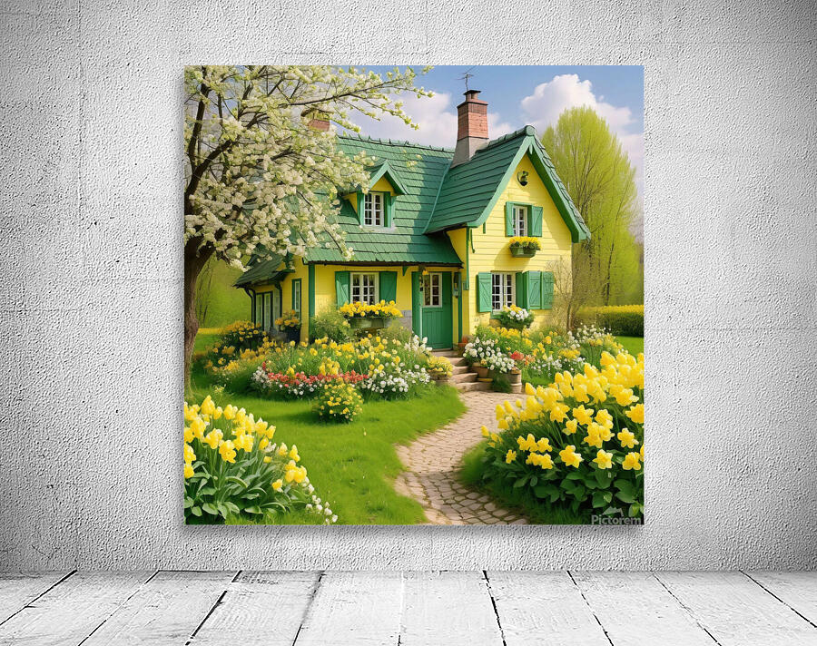 romantic april cottage with flowers in green and Wall Preview