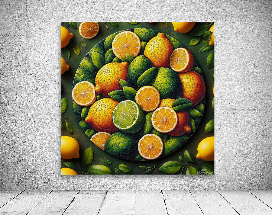 A vibrant mosaic of fresh lemons and leaves Wall Preview