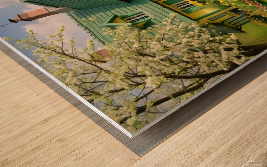 romantic april cottage with flowers in green and Wood print