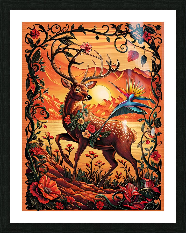 A majestic deer decorated with flowers and leaves Picture Frame print