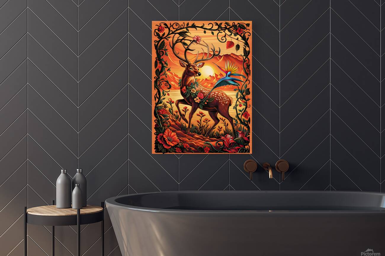 A majestic deer decorated with flowers and leaves Reproduction