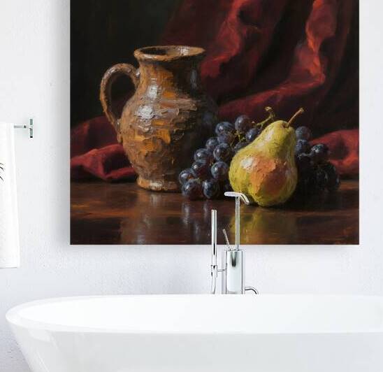 Classic Still Life Painting: Pear Grapes and Clay Pitcher by Artistic Visions