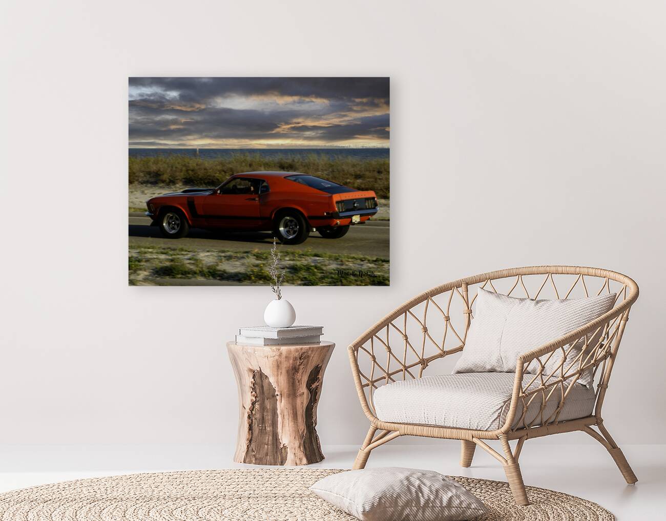 Red Mustang w Black Stripe Rear View Reproduction