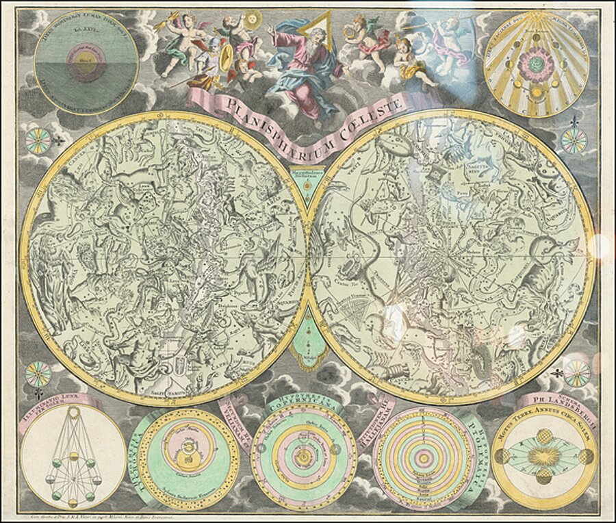 1730 Baroque period. Map of the Heavens  hemispheric chart depicting the stars constellations celestial coordinates by Posh Print