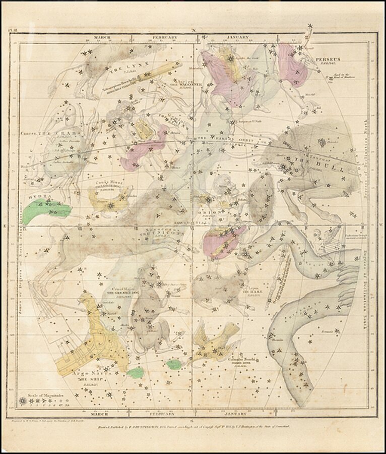 Autumn sky northern celestial chart c. 1835 Sagittarius Scorpio Libra Capricorn Hercules Borealis Serpentarius Aquila and more by Posh Print