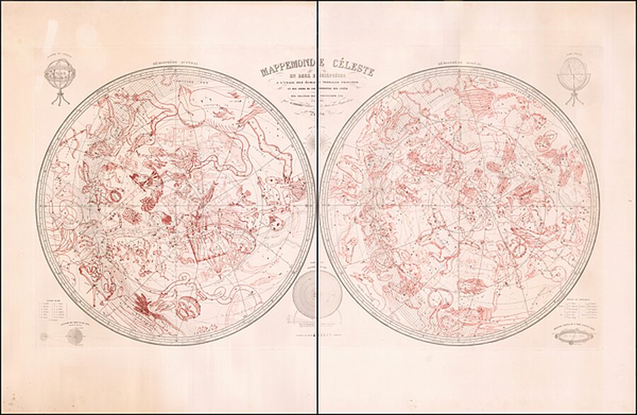  1876 large double-hemisphere celestial chart with  solar system zodiac and educational astronomical features. by Posh Print