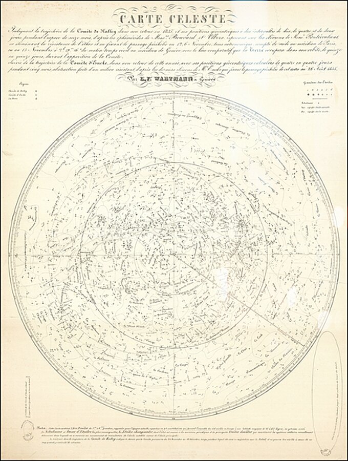1835 Swiss Celestial Map Indicating the Trajectory of Halleys Comet and Enckes Comet by Posh Print