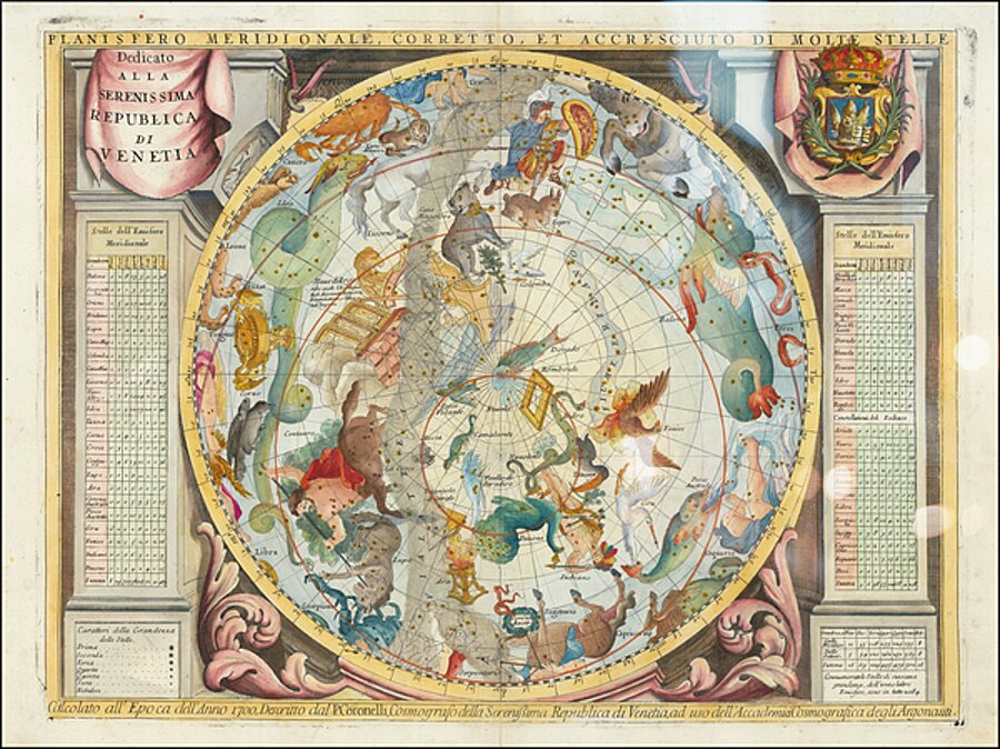 1691 Celestial chart of southern hemisphere & scientific tables & constellations Hydra Centaurus Scorpius by Posh Print