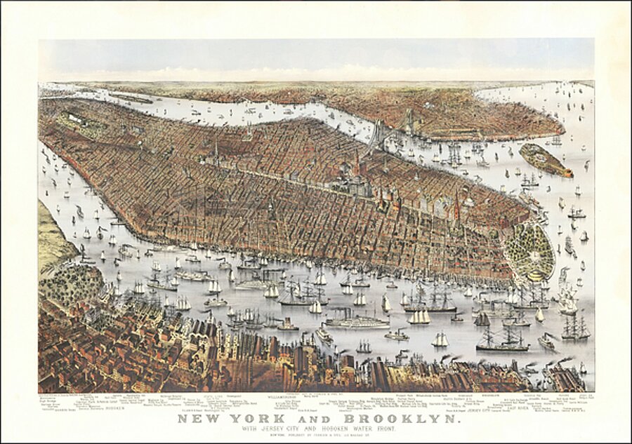 19th century panoramic map showing New York Brooklyn Manhattan to the Harlem River Jersey City by Posh Print