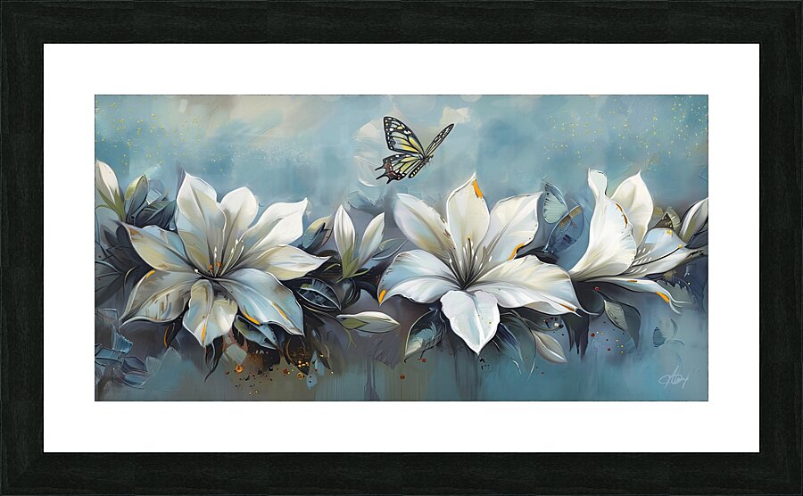 WHITE FLOWERS BUTTERFLY Impression et Cadre photo