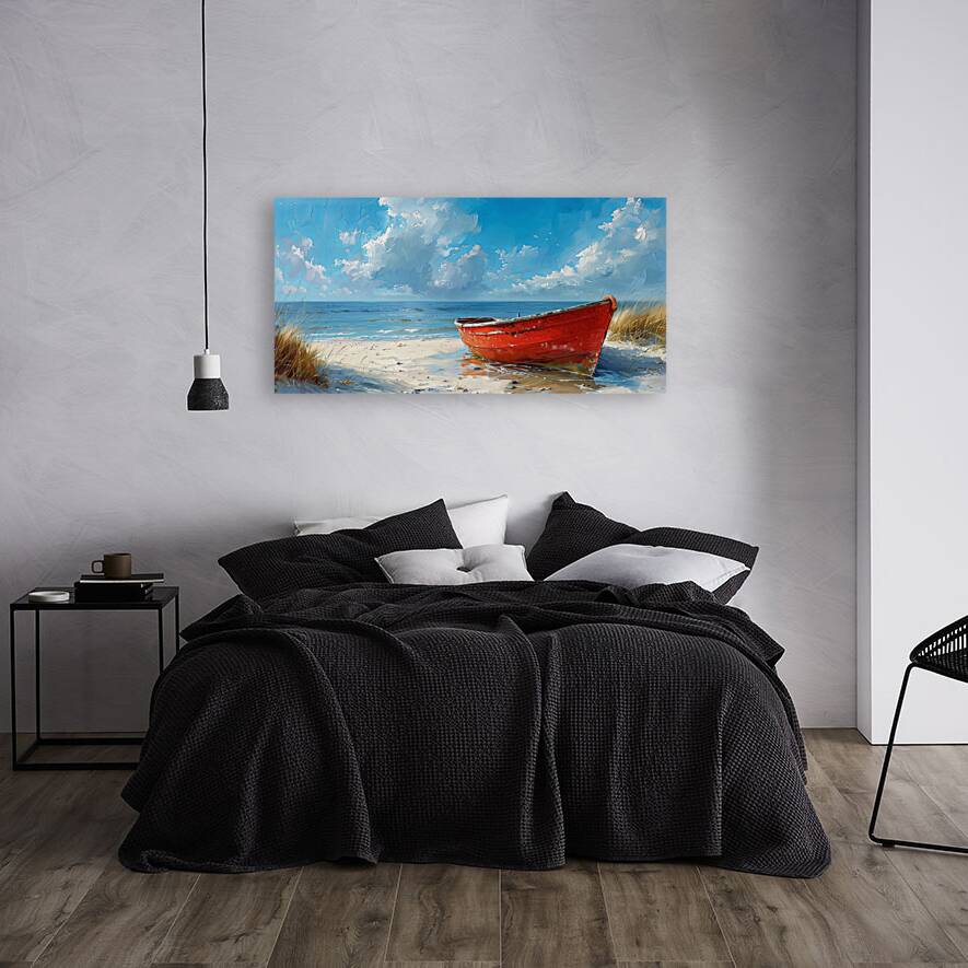 Red boat shore Reproduction