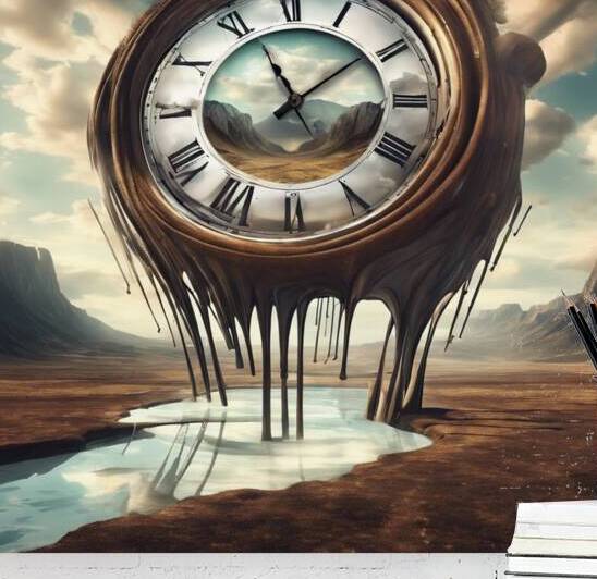 A giant clock melting on a surreal landscape with time bending and warping around it. by Aring