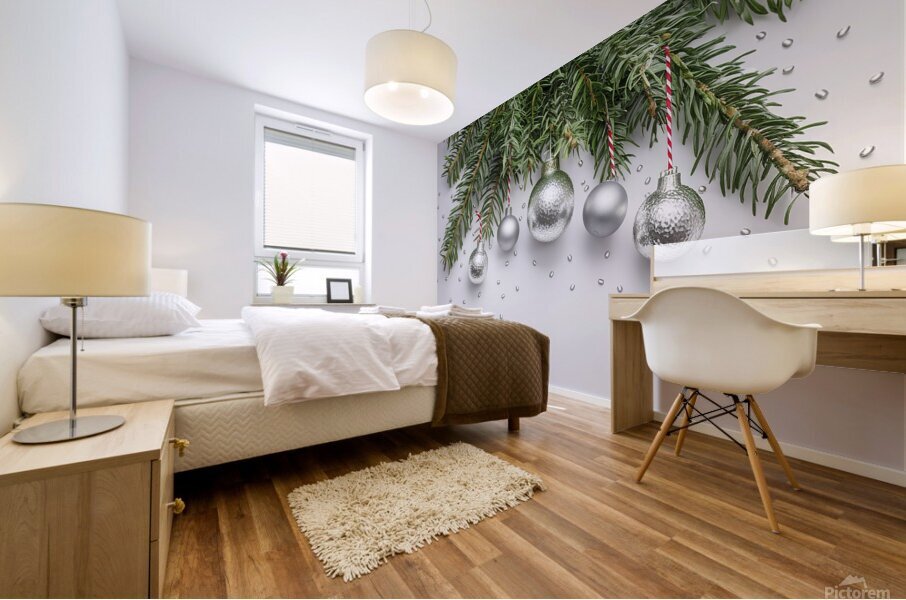 Christmas festive decoration in the form of a Christmas tree with silver toys Mural print