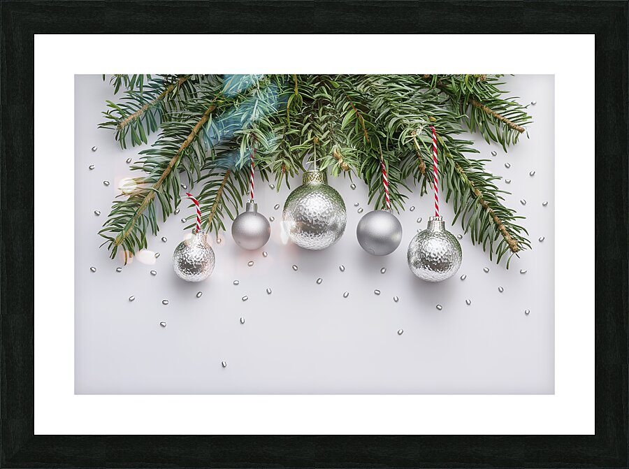 Christmas festive decoration in the form of a Christmas tree with silver toys Picture Frame print