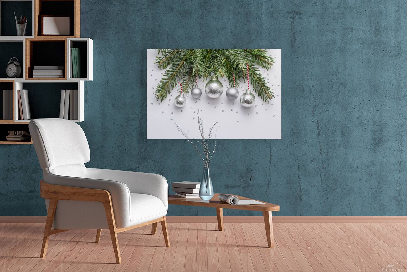 Christmas festive decoration in the form of a Christmas tree with silver toys Reproduction