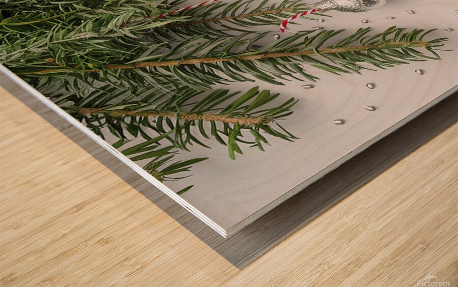 Christmas festive decoration in the form of a Christmas tree with silver toys Wood print