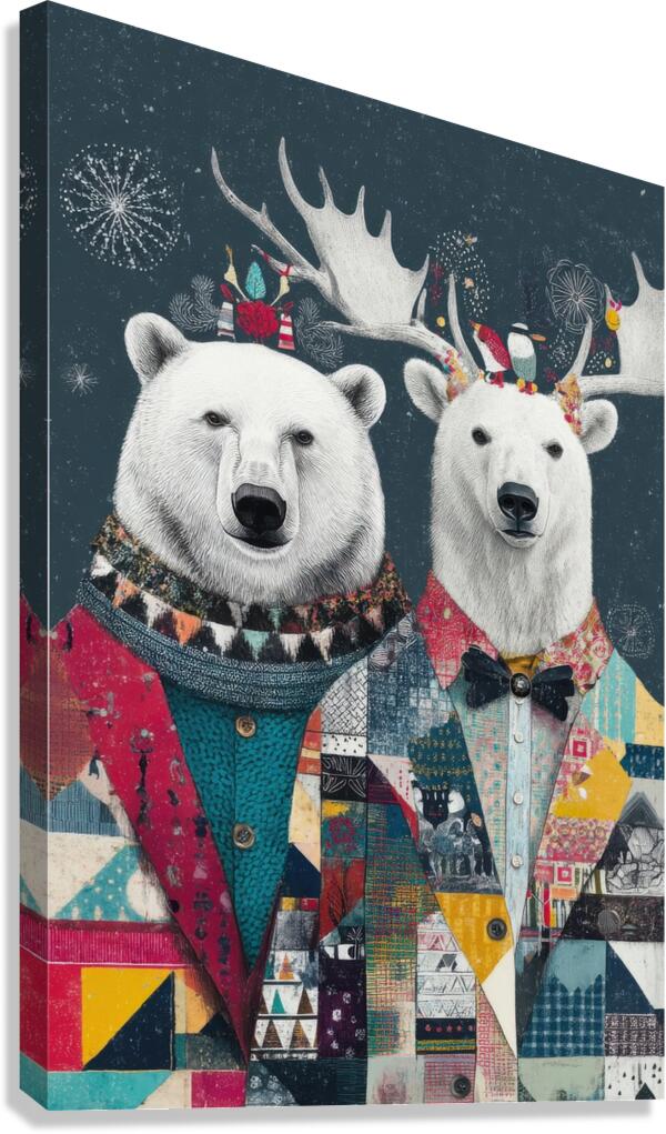 Polar Bear Duo Festive Patchwork Suits Canvas Print